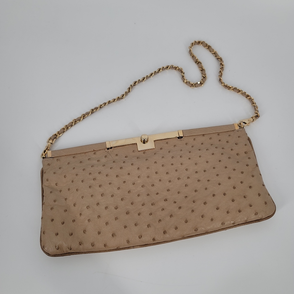 ALIEL Beige Ostrich Leather Flat Clutch Handbag NEW Made in Italy Gold